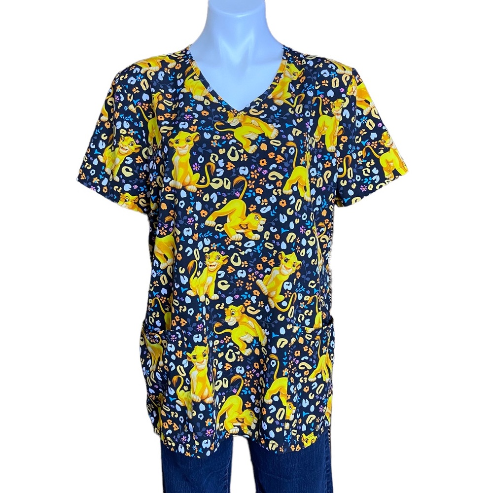 DISNEY Lion King Simba Short Sleeve Scrub Top Black Size Large